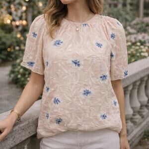 Rebecca Taylor SZ M Trellis Fleur Embroidered Top in Peach Combo